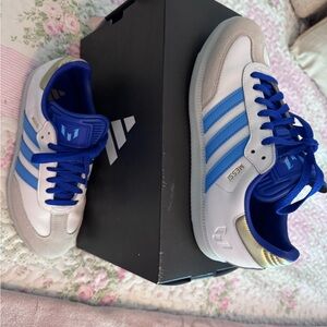 Adidas White and Blue Sneakers with Gold Detail